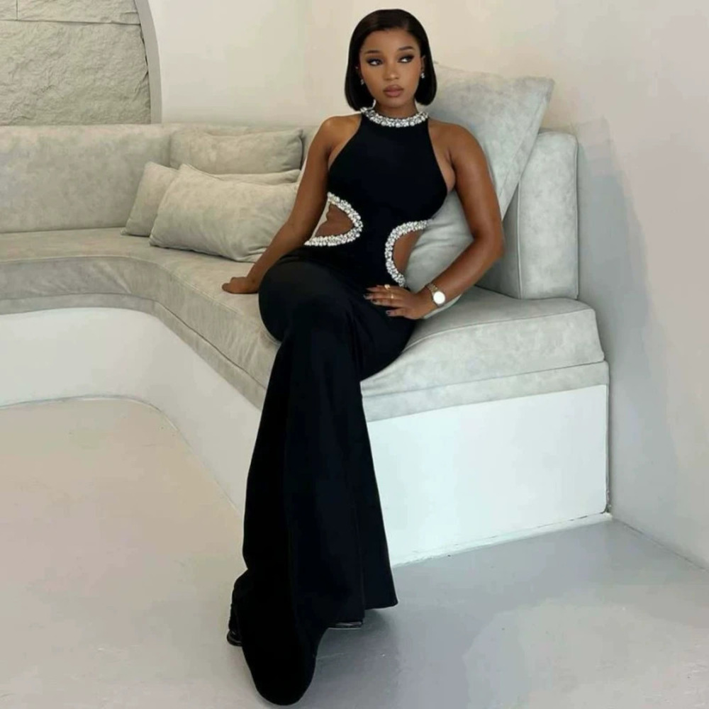 Sexy African Inspired Rhinestone Cutout Sleeveless Dress